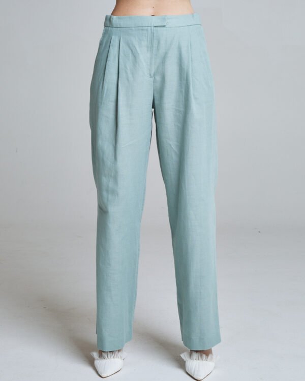 Pleated Linen Trousers – Sage Blue