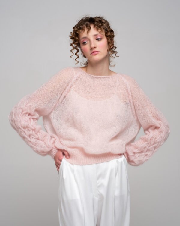 KNITTED KIDMOHAIR SWEATER WITH BRAID DETAIL IN PASTEL PINK