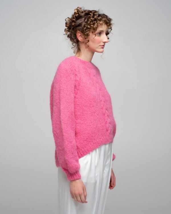 KNITTED MERINO WOOL SWEATER WITH BRAID DETAIL IN FUCHSIA PINK
