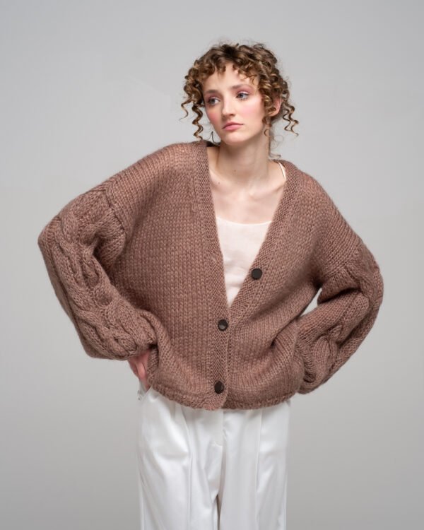 KNITTED MERINO WOOL CARDIGAN WITH BRAID DETAIL IN LIGHT CHOCOLATE