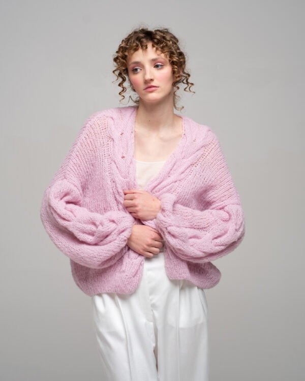 KNITTED KIDMOHAIR CARDIGAN WITH BRAID DETAIL IN LILAC PINK