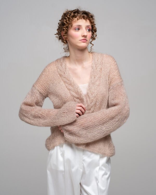 KNITTED KIDMOHAIR CARDIGAN WITH BRAID DETAIL IN LIGHT BEIGE