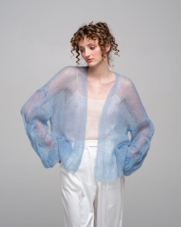 KNITTED KIDMOHAIR CARDIGAN WITH BRAID DETAIL IN PASTEL BLUE